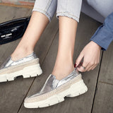 Chicmy Causal Loafers Metal Sheepskin Women Flats Slip On Ladies Simple Shoes Silver Color Platform Footwear