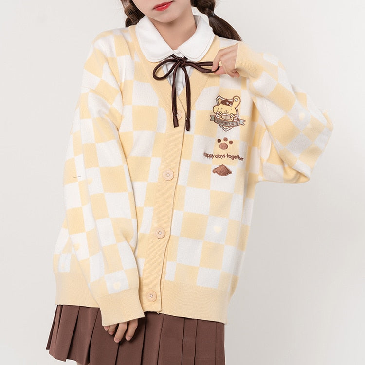 Chicmy Japanese Kawaii Sweet Cartoon Woman Cardigan Sweater 2023 Autumn Winter Student Girl Checkered Casual Sweter Women Cute Sweater
