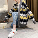 Chicmy Cute Girl Knitted Heart Sweater College Style Large Loose Pocket Harajuku V-Neck Button Cardigan Sweater Coat S ~ 2XL