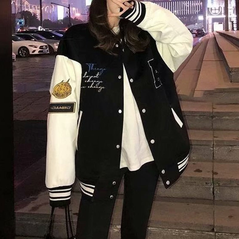 Chicmy Casual Bear Embroidery Bomber Jacket Women Round Collar Pocket Spliced Baseball Jackets Korean Style Streetwear Loose Coats