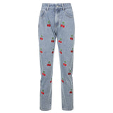 Chicmy Autumn Cherry Pattern Jeans Women England Preppy Style 90S Streetwear Y2K Outfits High Waist Straight Denim Pants