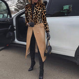 Chicmy Office Lady Vintage Leopard Patchwork Long Outerwear Lapel Slim Coat Top Autumn Winter Long Sleeve Single Breasted Casual Jacket