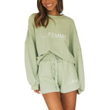 ChicMy-Fall Outfits  2Pcs Women Spring Autumn Casual Tracksuit Letters Print Long Sleeves Sweatshirt Top+ Elastic Waist Shorts Fashion Clothes Set