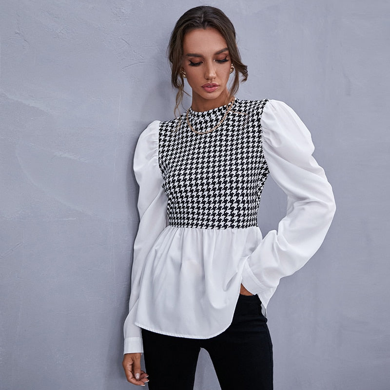 Chicmy Women Shirt Spring Fashion Houndstooth Shirt Casual Stitching Tops  Female Long Sleeve Plaid Shirt Chic Office Ladies Blouses
