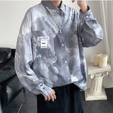 Men's Tie Dye Shirts Long Sleeve Fashion Trend Shirts Cloud Printing Loose Shirts Casual Coats Blue Color Camisa Masculina