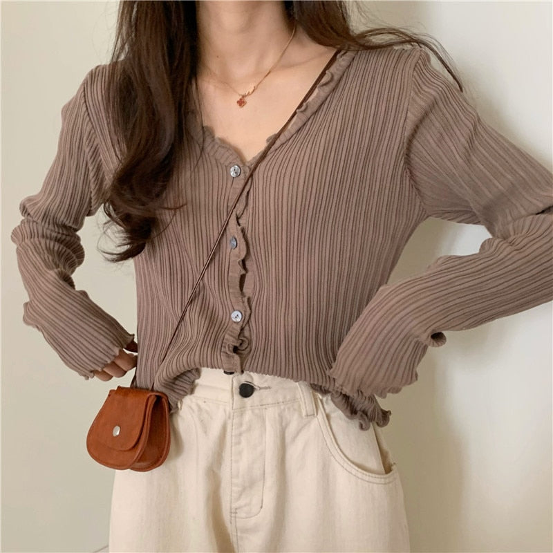 Chicmy Korean Short Sweater Women V-Neck Thin Cardigan Fashion Long Sleeve Button Slim Knitted Sweater Sun Protection Cropped Top Mujer