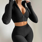 Chicmy 2 Pieces Jogging Yoga Suit Set Femme Solid Color Stand Collar Long Sleeve Crop Tops With Zipper+ Short Pants