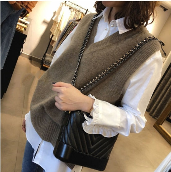 Fall V neck Girls Pullover vest sweater Autumn Winter short Knitted Women Sweaters vest Sleeveless Warm Sweater Casual oversize