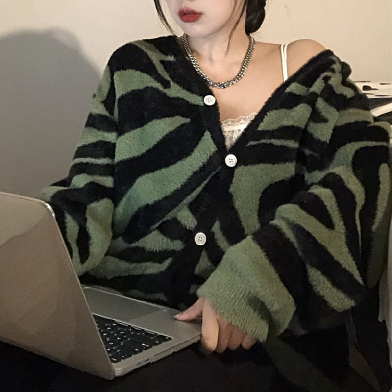 Chicmy Vintage Striped Sweater Women Knit Cardigan Sexy V Neck Loose Sweaters Autumn Green Long Sleeve Cardigans Zebra Print Outerwear
