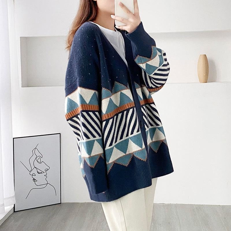 Chicmy  Jacquard Knitted Cardigan Lazy Style Loose Outer Jacket V-Neck Jumper Button-Up All-Match Female Loose Top Autumn Winter