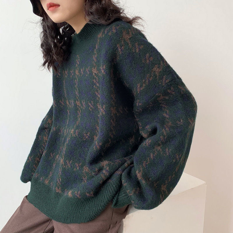 Chicmy Winter Knitted Sweater Plaid Casual Vintage Sweater Oversized Women Sweater Elegant Loose Long Sleeve Pullover Female Jumpers