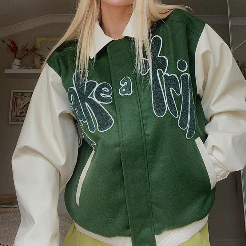 Chicmy  Autumn ‘TAKE A TRIPââ‚?Bomber Jacket Women Grass Green Contrast Sleeve Bomber Jacket With Letter Applique Baseball Jacket