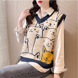 ChicMy-Fall Outfits  Knitted Sweaters Women Fashion 2024 Autumn Winter Casual Pullovers V-Neck College Style Cat Print Streetwear Knit Vest Sweater