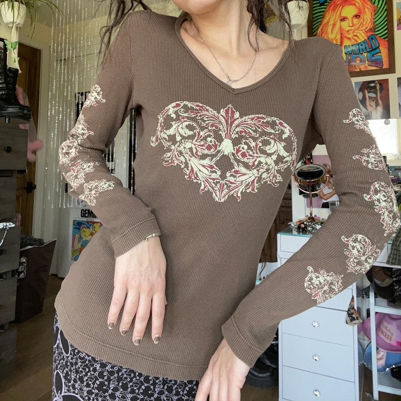 Chicmy Fairy Grunge Aesthetic Brown T-Shirt Floral Heart Print Cute Vintage Y2K Tops Women V Neck Rib Long Sleeve Autumn Tees