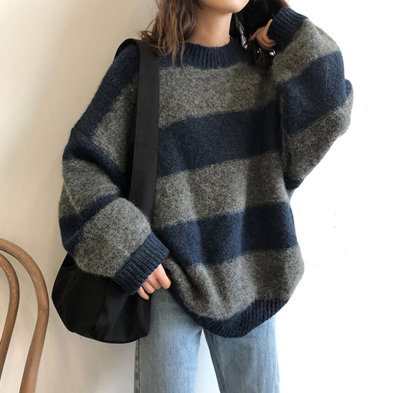 Chicmy Women Knitted Striped Sweater Winter Casual Long Sleeve Pullover O-Neck Oversized Streetwear Sweater Warm Sueter Mujer