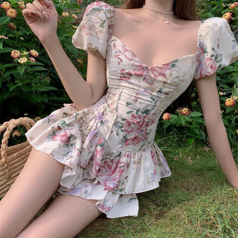 Chicmy Sexy Party Mini Dresses Ladies Cute Bodycon Kawaii Beach Vintage Dress Boho Print Puff Sleeve Club Outfits For Women Summer 2023