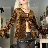 Chicmy Harajuku Fairy Grunge Crop Top Streetwear Y2K Vintage Velvet Brown Lace Up T-Shirt Sexy Women Autumn Long Sleeve Cardigans Tees