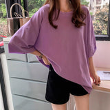 Chicmy 2023 Summer Oversize T Shirt Women Candy Color O Neck Short Sleeve Elastic Basic Long T-Shirt Loose Streetwear Tee Tops Korean