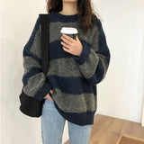Chicmy Women Knitted Striped Sweater Winter Casual Long Sleeve Pullover O-Neck Oversized Streetwear Sweater Warm Sueter Mujer
