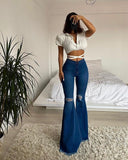 Chicmy Women Denim Flared High-Waisted Button Holes Ripped Bodycon Bell-Bottoms Trousers Solid Tight Summer Clothing Hollow Decoration