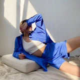 Chicmy Summer Outfit Blue Khaki Lape Neck Long Sleeve Shirts Blouse Elastic Waist Sports Biker Shorts Suit Women High Street