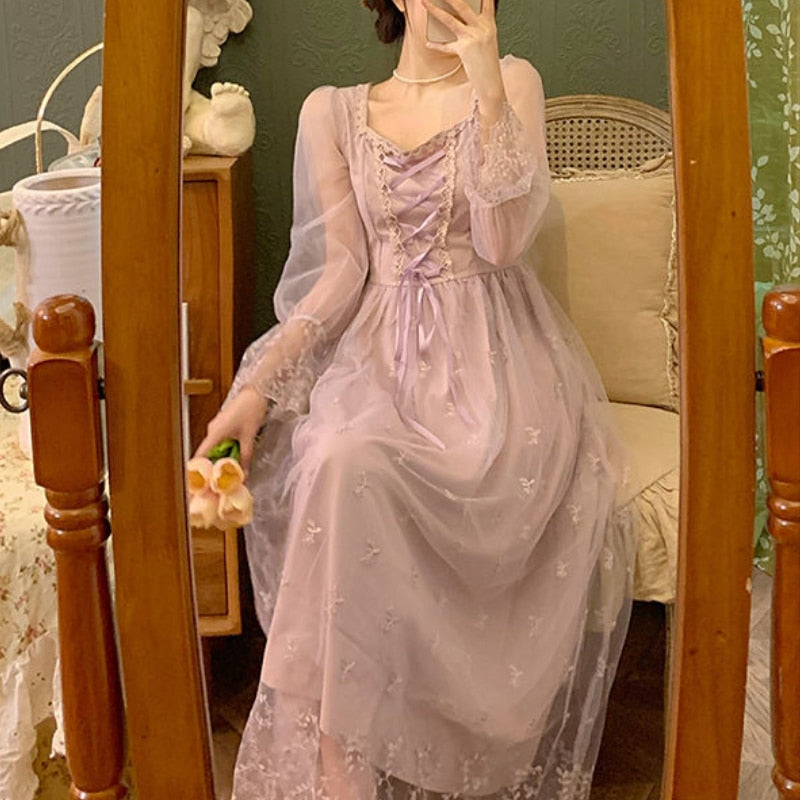 Chicmy French Vintage Fairy Dress Women Count Lace-Up Korean Party Midi Dress Retro Casual Elegant Princess Dress 2023 Long Sleeve Slim