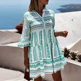 Chicmy Summer Fashion Striped Print Mini Dresses For Women 2023 Casual Loose V-Neck Ruffle Half Sleeve Woman Vintage Beach Dress Robe