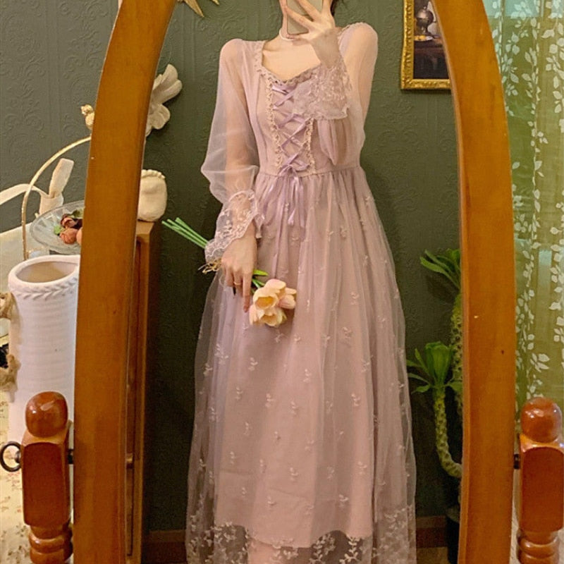 Chicmy French Vintage Fairy Dress Women Count Lace-Up Korean Party Midi Dress Retro Casual Elegant Princess Dress 2023 Long Sleeve Slim