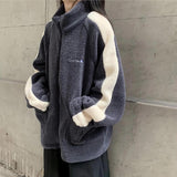 Chicmy Lambswool Letter Splicing Loose Jacket Women Casual Fashion Overcoat Fluffy Cozy Outerwear Autumn Winter Female Thicken Coat