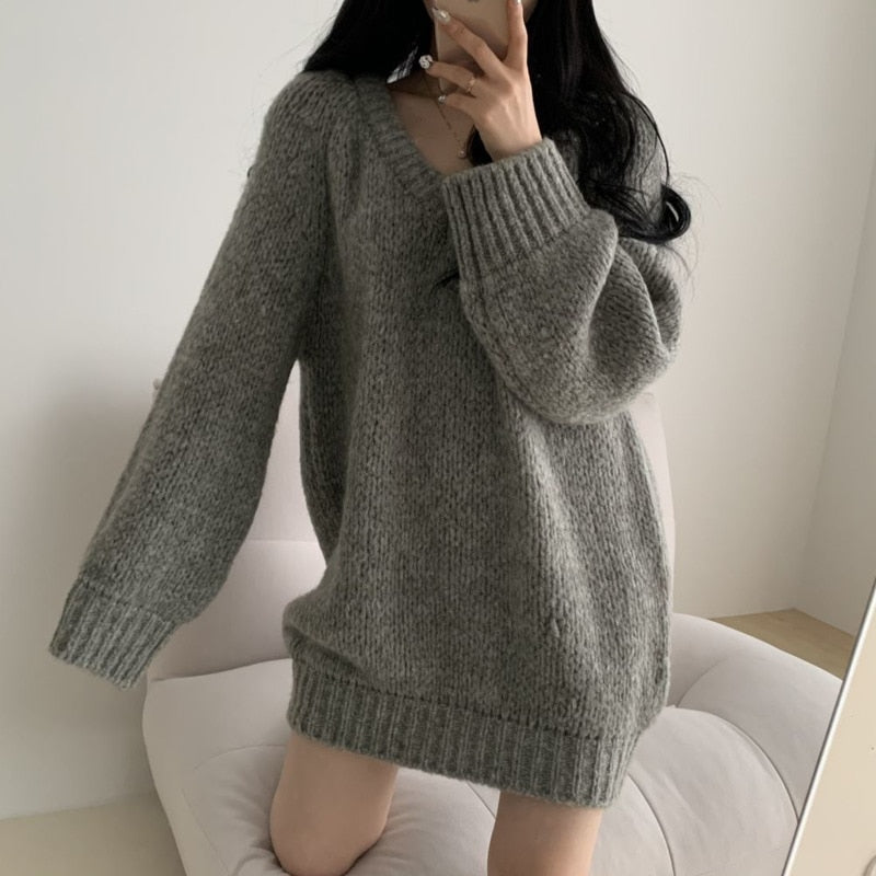 Chicmy 2023 Women V-Neck Pullovers Simple Loose O-Neck Oversize Autumn Sweaters Knitted Korean Fashion Long Sleeve Sweater Top