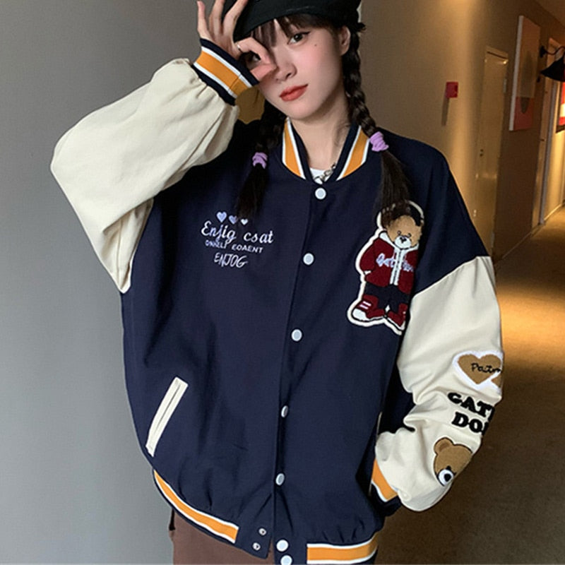 Chicmy Vintage Bear Letters Baseball Jacket Coat Women Oversized Outerwear 2023 New Harajuku Korean Style Loose Jacket Students Girls