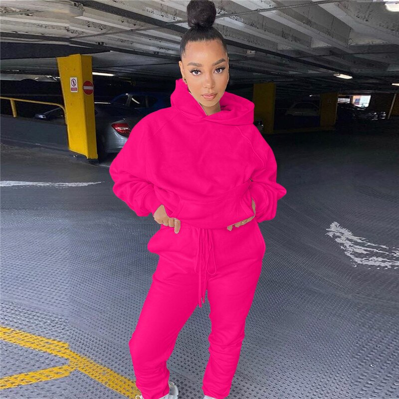 Chicmy Solid Women's 2 Pcs Set Hooded Sweatshirt Jogger Pants Suit Tracksuit Matching Set Autumn Winter Casual Outfits