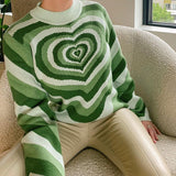 Chicmy Heart Striped Knitted Sweaters Women Y2K Pullovers Sweater Girl Sweet Long Sleeve Jumper Green Turtleneck Sweater Streetwear