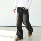 Chicmy-Korean style, Korean men's outfit, minimalist style, street fashion No. 7002 WASHED BLACK WIDE STRAIGHT DENIM JEANS