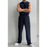 Chicmy-Korean style, Korean men's outfit, minimalist style, street fashion No. 9524 PLEATED SLEEVELESS SHI & WIDE DRAWSTRING PANTS