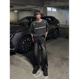 Chicmy-Korean style, Korean men's outfit, minimalist style, street fashion No. 9154 WASHED BLACK DENIM STRAIGHT FLARED JEANS