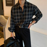 Chicmy-Korean style, Korean men's outfit, minimalist style, street fashion BLACK PLAID SHIRT