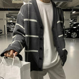 Chicmy-Korean style, Korean men's outfit, minimalist style, street fashion No. 5179 GRAY STRIPE KNITTED CARDIGAN