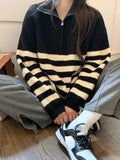 Chicmy Women's Turtleneck Knit Zipper Sweater Woman Winter 2023 Loose Oversize Jumper Black White Stripe Korean Fashion Pullover Women