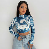 Chicmy Women's Tube Top Fashion Print Crop Tops Long Sleeve Turtleneck Pullovers Spring Summer Exposed Navel Shirt Streetwear Y2k