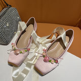 Chicmy 2023 Fashion Classic Pink Silk Ballet Shoes Lace Up Ballet Shoes Women Square Toe Flower Women Flats Elegant Valentine Shoes