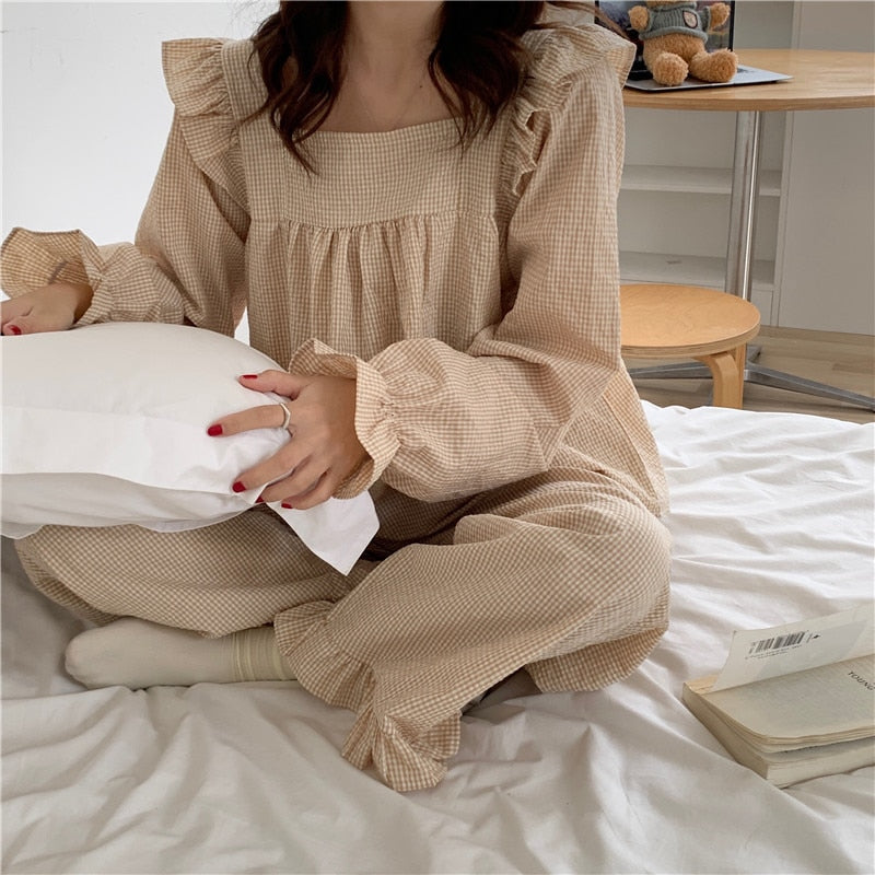 Chicmy Pajama Set Plaid Homewear Two Piece Set Women Sleepwear Long Sleeve Tops Pants Pyjama Loose Korean Ladies Home Suit Ruffles