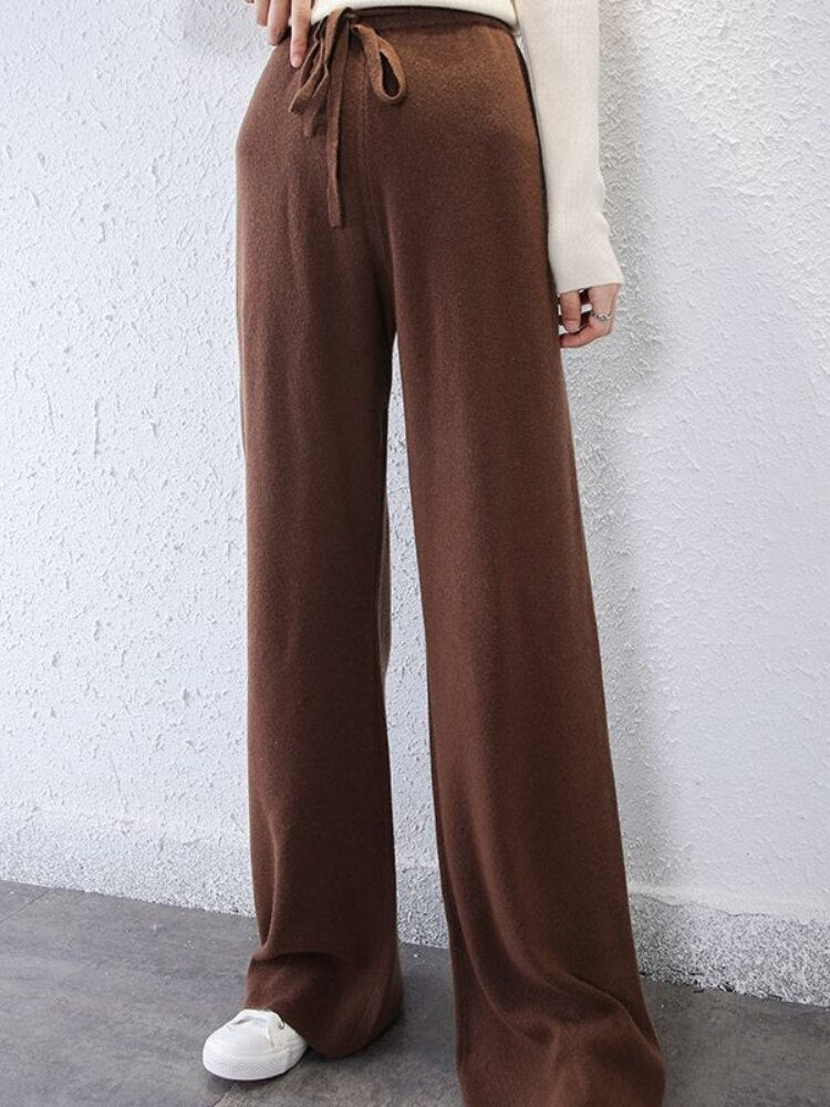 Chicmy Autumn Winter Wide-Leg Pants Women's High Waist Knitted Casual Pants Drawstring Fashion LOOSE Straight Leg Trousers For Women