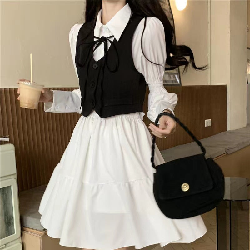 Chicmy Vintage Gothic Lolita Dress Women Harajuku Black Bandage White Mini Dress Autumn Plus Size Long Sleeve High Waist Party Vestidos