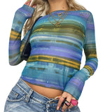 Chicmy Women Shirt, Long Sleeve Stripe Print Pattern Elastic See Through Casual Tee Tops For Female