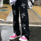 Chicmy Vintage Gothic Cross Printed Wide Leg Jeans Women Harajuku Hip Hop Long Trousers Spring Black BF Streetwear Cargo Denim Pants