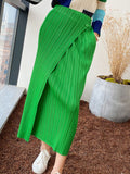 Chicmy Elegant Women's Skirts High Waist Solid Green Blue Fashion Pleated Skirt Ladies Irregular Fold Fashion Straight Long Skirt Women