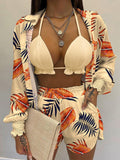 Chicmy Summer Sexy 3 Pieces Sets Women Clothes Fashion Lantern Sleeve Shirt Frill Hem Crop Top & Elastic Waist Short Pants Casual Suit
