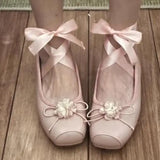 Chicmy Classic Ballet Shoes Silk Ribbon Lace Up Ballet Shoes Women Square Toe Narcissus Flower Elegant Valentine Flats Pink Green