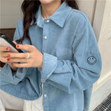 Chicmy Embroidered Smiling Face Shirt Coat Female Student 2023 Korean Fashion Loose Casual Long Sleeved Corduroy Coat Shirt